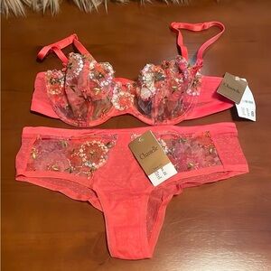 Chantelle Palais Royal Coral/Hibiscus Embroidered Lingerie Set 36B-XS